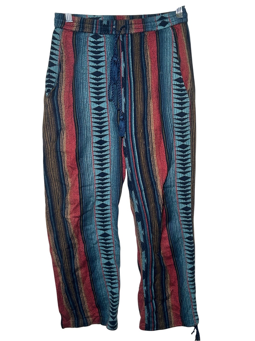 Earthbound Boho Striped Drawstring Pants Teal Red Brown Hippie Aztec Festival S